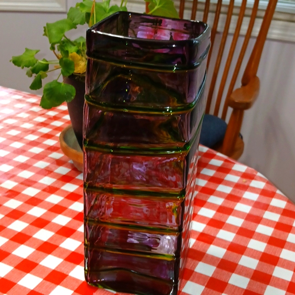 Purple and green swirl blown glass vase
